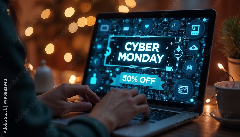 Person browsing Cyber Monday deals on a laptop with 50% off banner and festive lights in the background Person browsing Cyber Monday deals on a laptop with 50% off banner and festive lights in the background