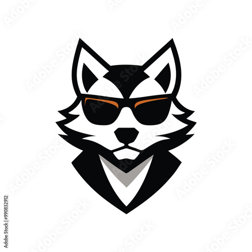 Stylized fox head logo with sharp geometric shapes in black and white wearing cool sunglasses a sleek modern minimalist mascot with symmetrical composition