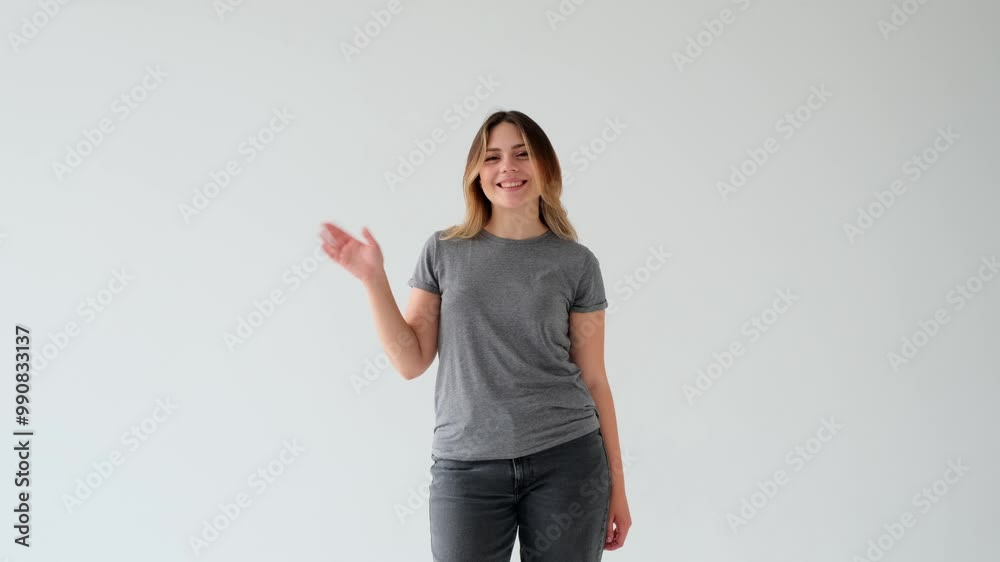 Portrait of a cheerful Caucasian young adult woman waving hello, standing alone on white background. Greeting gesture or invite sign concept. Portrait of a cheerful Caucasian young adult woman waving hello, standing alone on white background. Greeting gesture or invite sign concept.