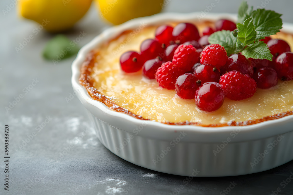 Deliciously baked lemon dessert topped with red berries commercial advertising photo Deliciously baked lemon dessert topped with red berries commercial advertising photo