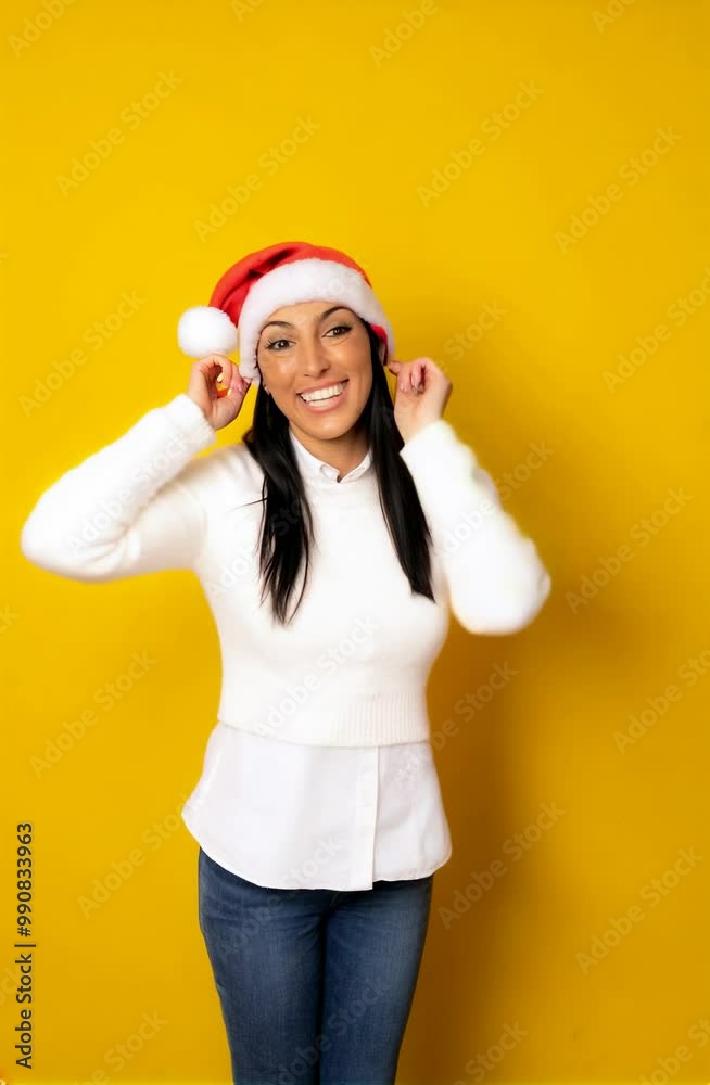 Young funny happy brunette woman wearing santa cap standing over yellow background. Young funny happy brunette woman wearing santa cap standing over yellow background.