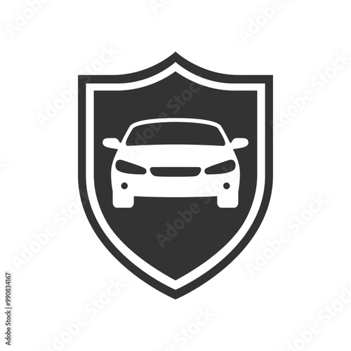 Car on the shield graphic icon. Car insurance sign isolated on white background. Symbol of protections car. Vector illustration
