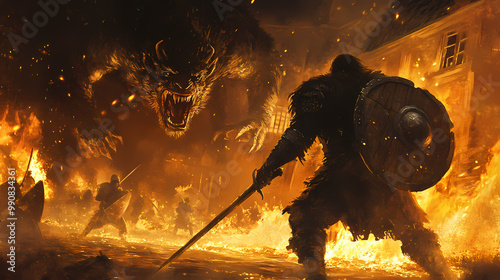 Myth of beowulf battling grendel ancient anglosaxon epic dark and fearsome creature mead hall in flames heroic struggle medieval legend. Medieval Battle. Illustration photo