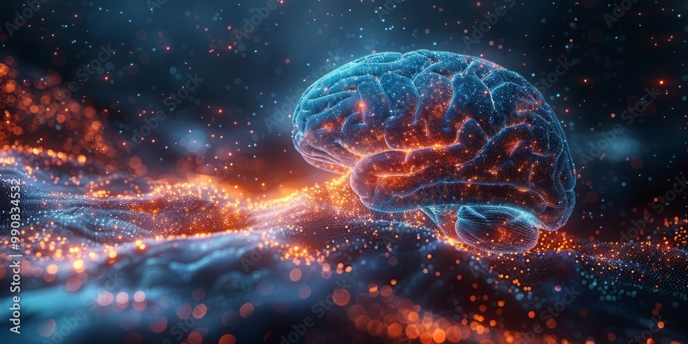Glowing brain surrounded by vibrant neural connections and floating digital particles Glowing brain surrounded by vibrant neural connections and floating digital particles