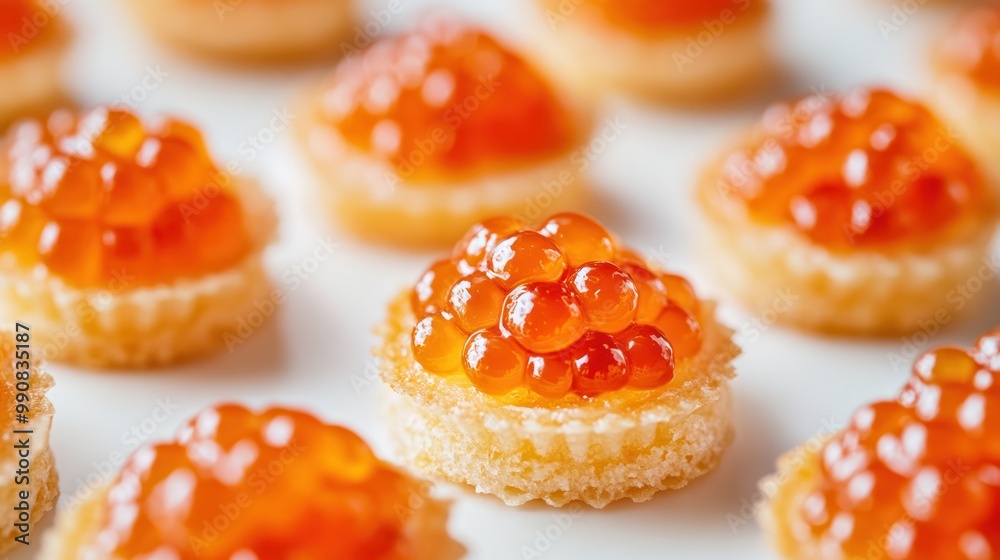 Close-Up of Tartlets with Red Caviar on White Background. Close-Up of Tartlets with Red Caviar on White Background.