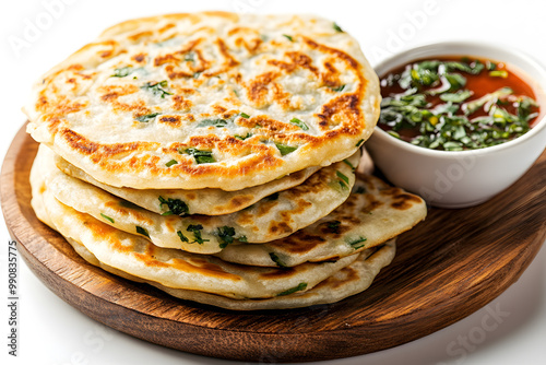 Homemade Chinese green onion pancakes with sauses isolated on white background