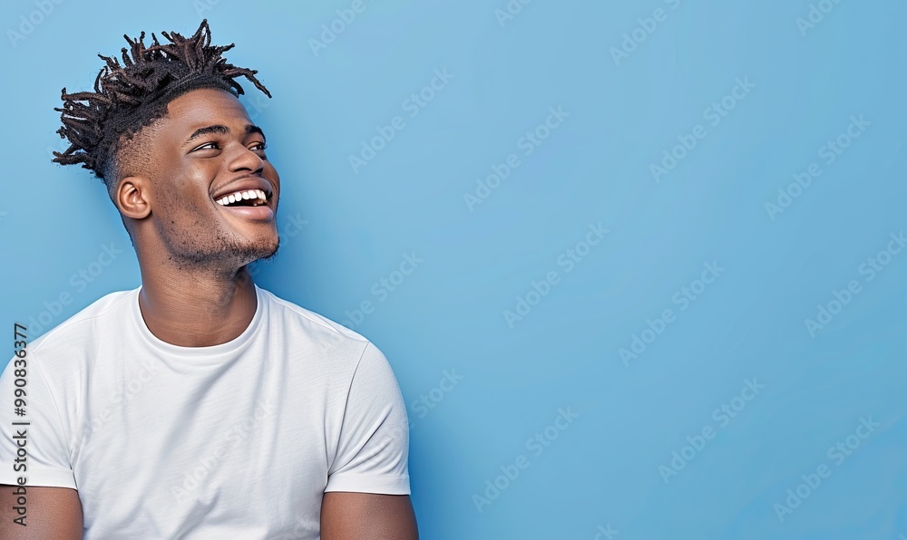 Portrait of beautiful Afro-american man on blue/ banner / copy space Portrait of beautiful Afro-american man on blue/ banner / copy space