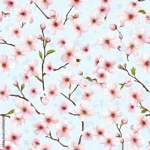 A delicate pattern of pink cherry blossoms against a soft blue background, evoking a serene and fresh spring atmosphere.