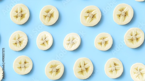 Sliced bananas arranged on a blue background, vibrant and fresh.