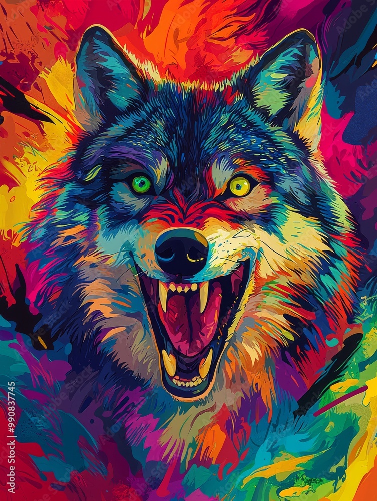 Fototapeta A vibrant, colorful illustration of a roaring wolf with intense features, set against a dynamic, abstract background.