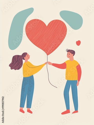 A young mixed-ethnicity couple joyfully holds a heart-shaped balloon, symbolizing love and connection.