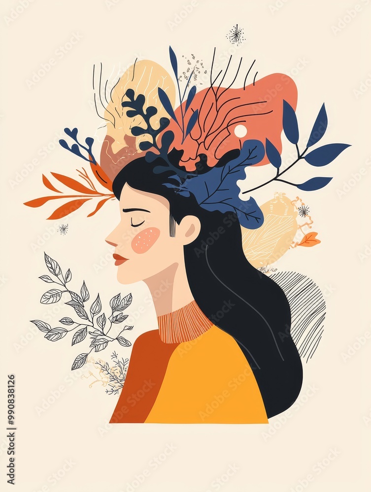 A serene young woman with long dark hair adorned with colorful leaves and flowers, set against a pastel background. A serene young woman with long dark hair adorned with colorful leaves and flowers, set against a pastel background.