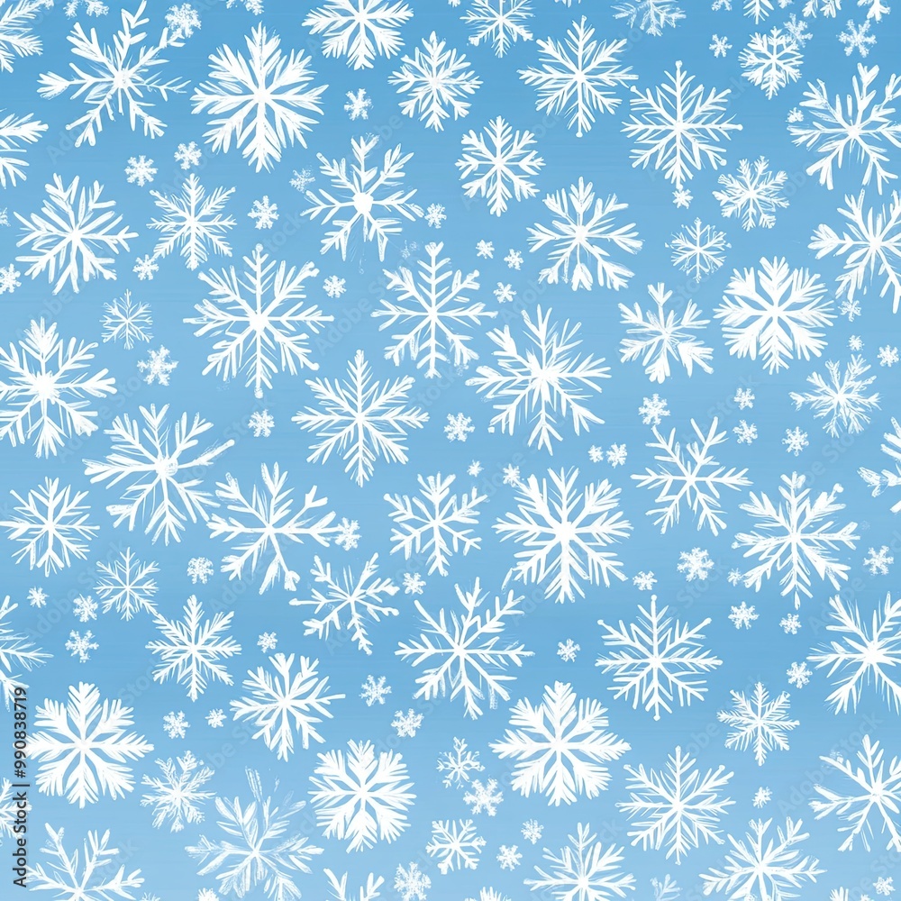 A seamless pattern of white snowflakes on a light blue background, evoking a wintery, festive atmosphere. A seamless pattern of white snowflakes on a light blue background, evoking a wintery, festive atmosphere.