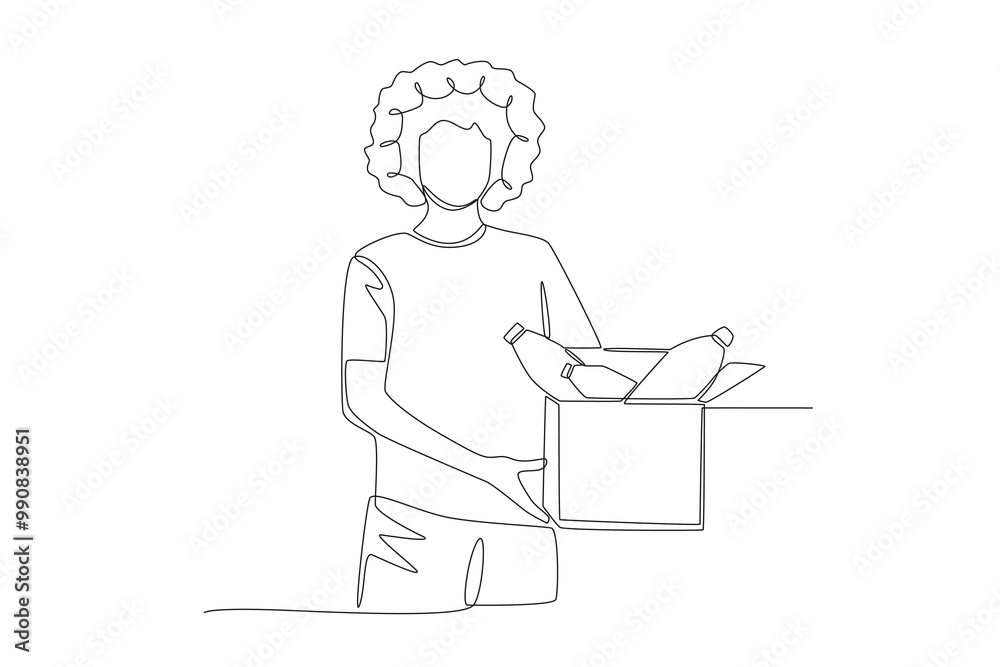 Woman holding cardboard trash can. Waste collection concept one-line drawing Woman holding cardboard trash can. Waste collection concept one-line drawing