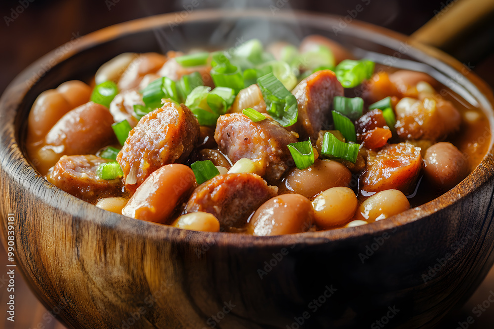 Delicious sausage and bean stew served steaming hot with green onions on top in a wooden bowl Delicious sausage and bean stew served steaming hot with green onions on top in a wooden bowl