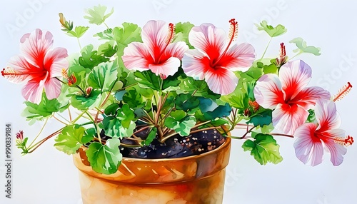 Vibrant Watercolor Depiction of Sea Hibiscus Plant in a Pot Against Crisp White Background photo