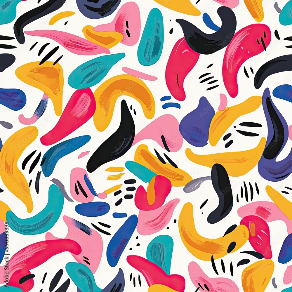 Naklejka premium A vibrant, abstract pattern featuring colorful, fluid shapes in various tones against a light background, creating a playful and lively composition.