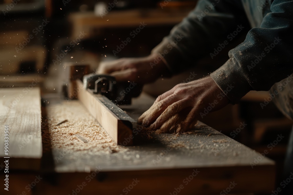 A craftsman using a hand plane on wood, creating shavings in a workshop environment. A craftsman using a hand plane on wood, creating shavings in a workshop environment.