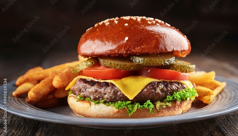 hamburger with cheese and tomato, beef patty, pickles and fries hamburger with cheese and tomato, beef patty, pickles and fries