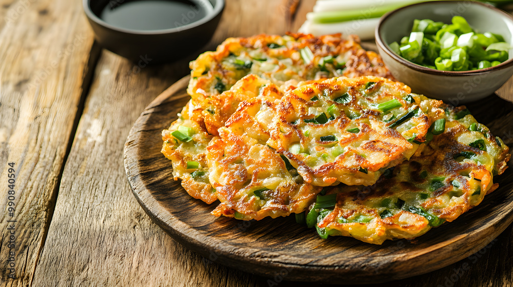 Top view Crispy vegetable pancakes garnished with scallions with dipping sauce nearby commercial advertising photo Top view Crispy vegetable pancakes garnished with scallions with dipping sauce nearby commercial advertising photo