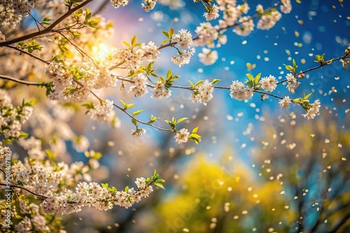 Tree branches swaying in the spring breeze with pollen in the air