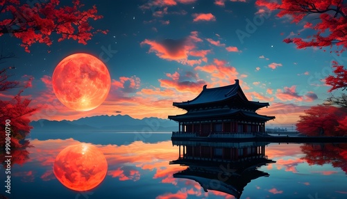 Majestic Asian temple illuminated by a dramatic red moon, surrounded by vibrant skies and reflective dark waters