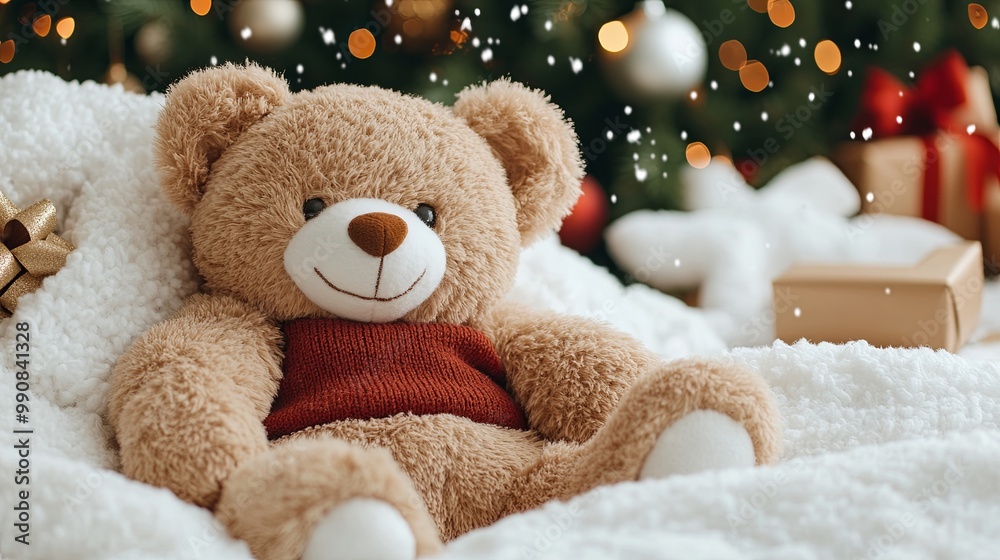 Obraz premium Cozy Teddy Bear Amid Christmas Decor and Snowflakes