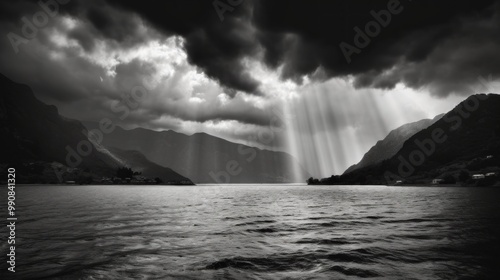 Sunbeams Through Stormy Clouds Over Mountains and a Calm Lake