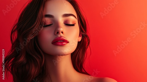 Adorable woman photographed against a gradient background to promote Shine Evening Mekeover Ruby Pomade with her eyes closed.