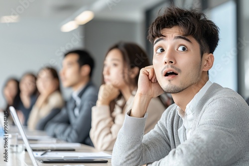 A business meeting where an economist is presenting mid sentence as an error message pops up on a projector screen colleagues reacting with surprise and concern photo