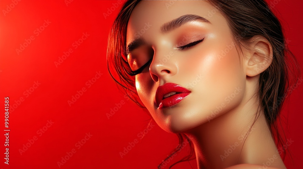 Adorable woman photographed against a gradient background to promote Shine Evening Mekeover Ruby Pomade with her eyes closed. Adorable woman photographed against a gradient background to promote Shine Evening Mekeover Ruby Pomade with her eyes closed.