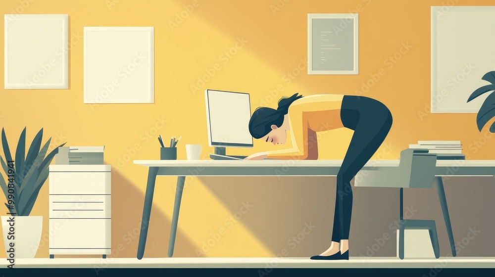 A tired woman leans over a desk, book in hand, with a plain computer nearby. The minimalist room creates an atmosphere of hopelessness and exhaustion. A tired woman leans over a desk, book in hand, with a plain computer nearby. The minimalist room creates an atmosphere of hopelessness and exhaustion.