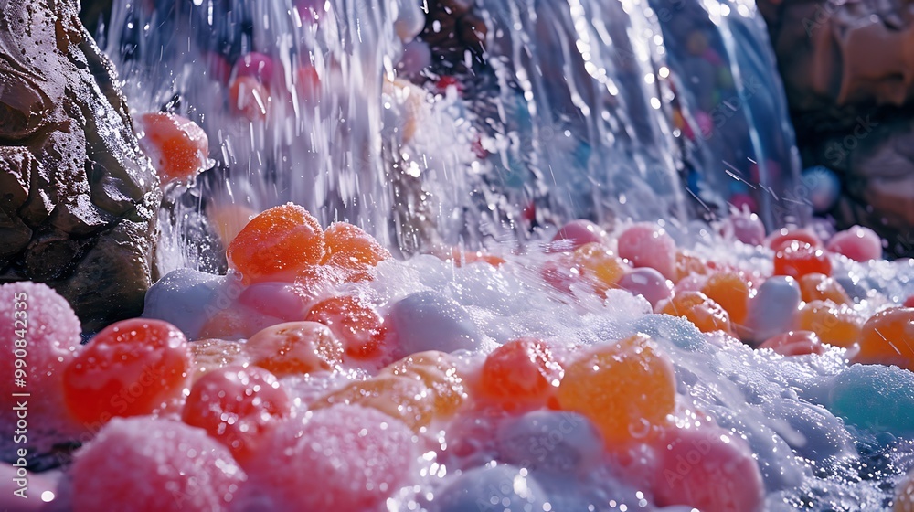 A sparkling soda waterfall tumbling over candy rocks A sparkling soda waterfall tumbling over candy rocks