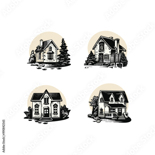 Set of house engraving style design vector illustration