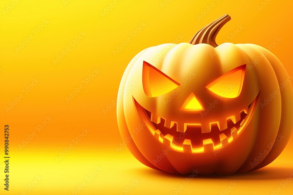 Halloween pumpkin with glowing face isolated on a bright yellow background. Generative Ai Halloween pumpkin with glowing face isolated on a bright yellow background. Generative Ai