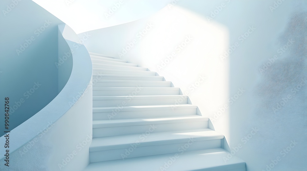 Fototapeta premium Pristine white staircase leading upward bathed in soft natural light symbolizing the journey toward success and personal growth