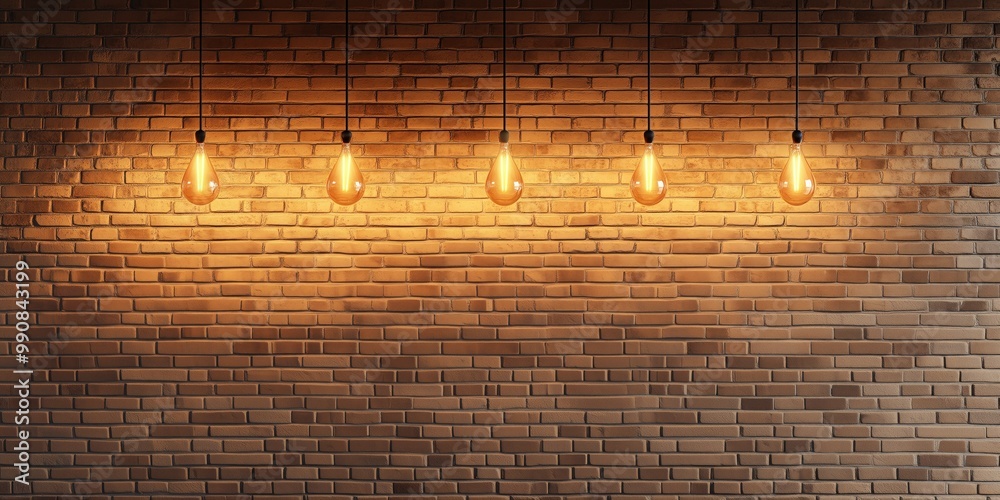 Beige brick wall with hanging bulbs, yellow light, retro style Beige brick wall with hanging bulbs, yellow light, retro style