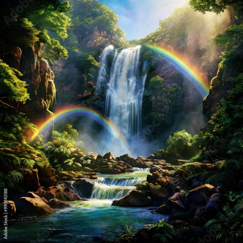 A stunning double rainbow arcs across a tropical waterfall cascading down rocky cliffs, surrounded by lush green rainforest. The vibrant colors and mist from the waterfall create a magical and