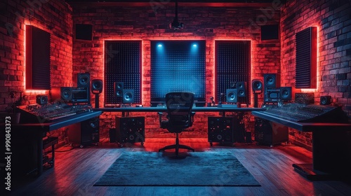 sleek podcasting studio with stateoftheart equipment soundabsorbing panels ambient lighting and floating holographic audio waves photo