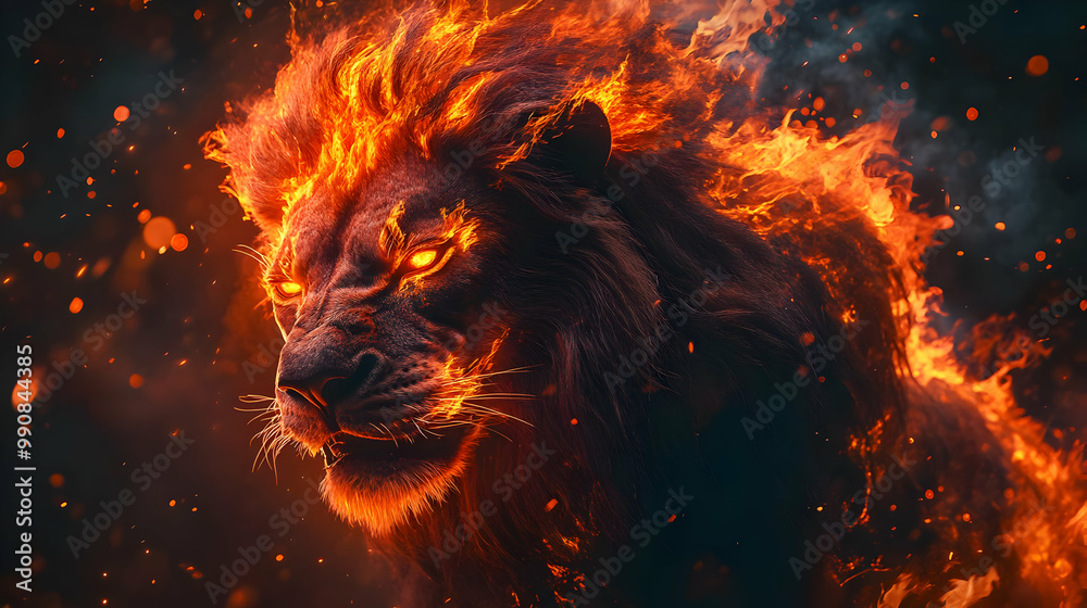 Naklejka premium A fierce lion with flames emanating from its mane and glowing eyes, set against a dramatic dark background.