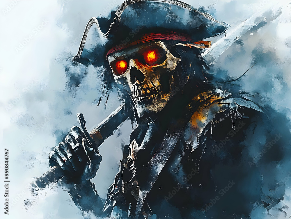 A ghostly pirate skeleton with glowing eyes and a sword, set against a misty background, evokes themes of adventure and the supernatural. A ghostly pirate skeleton with glowing eyes and a sword, set against a misty background, evokes themes of adventure and the supernatural.