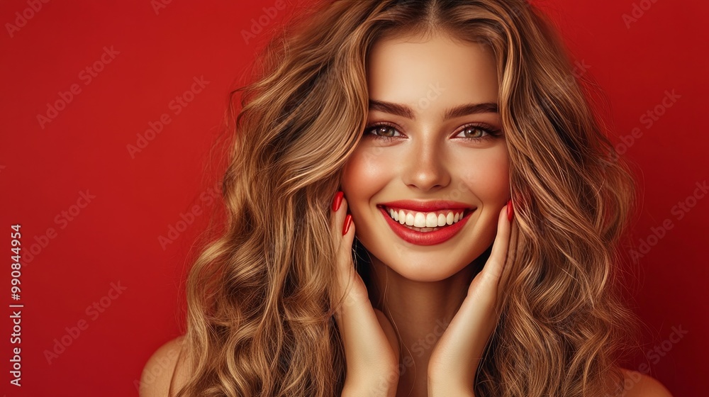 Lovely woman with long, wavy hair who is always smiling. Red manicure nails and a curly hairstyle for girls. Cosmetics, makeup, and beauty Lovely woman with long, wavy hair who is always smiling. Red manicure nails and a curly hairstyle for girls. Cosmetics, makeup, and beauty