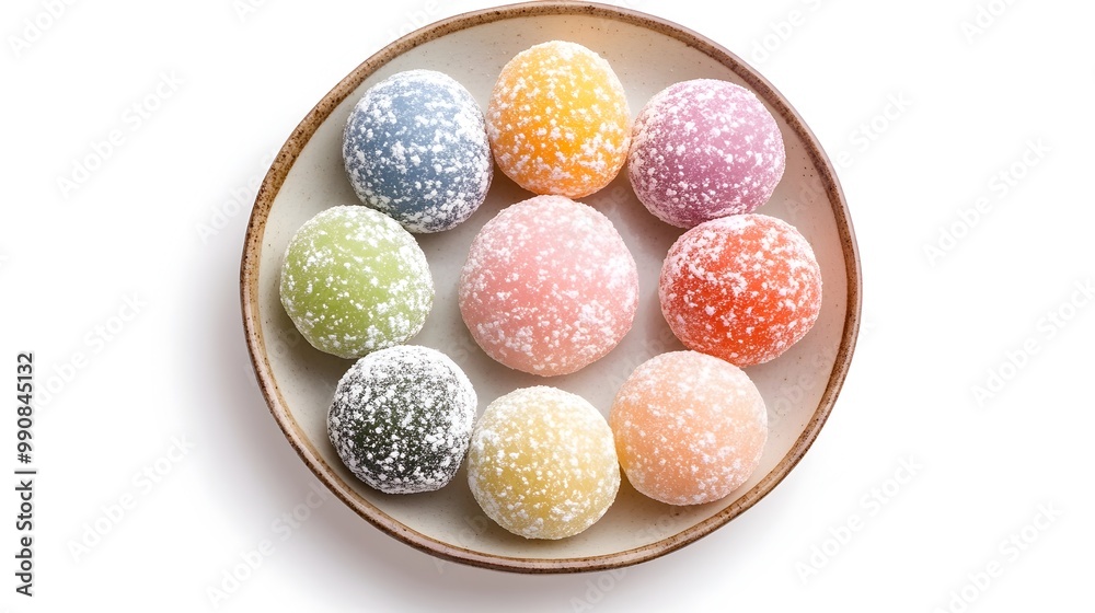 Colorful Japanese Mochi Dessert Balls Dusted with Powdered Sugar Arranged in a Circle on a Simple White Plate Isolated on a Clean Background Colorful Japanese Mochi Dessert Balls Dusted with Powdered Sugar Arranged in a Circle on a Simple White Plate Isolated on a Clean Background