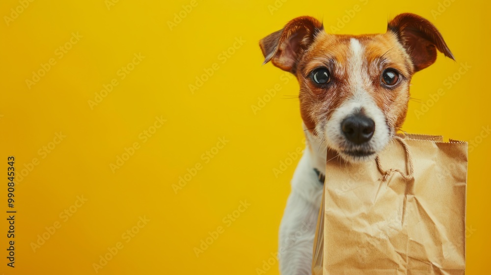 Adorable jack russell terrier holding a paper bag in mouth against vibrant yellow background, perfect for pet-themed designs, playful marketing campaigns, and cheerful digital art projects Adorable jack russell terrier holding a paper bag in mouth against vibrant yellow background, perfect for pet-themed designs, playful marketing campaigns, and cheerful digital art projects