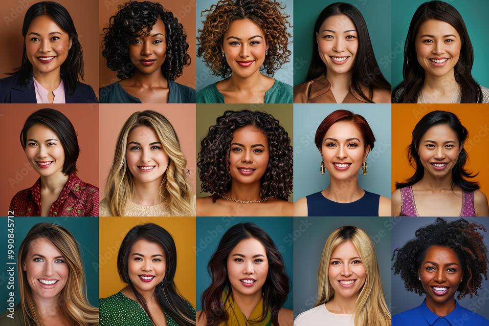 A collage of portraits of young beautiful girls of different races, in bright clothes on a bright background. Happy women, portrait collage. Full-face portrait of smiling women A collage of portraits of young beautiful girls of different races, in bright clothes on a bright background. Happy women, portrait collage. Full-face portrait of smiling women