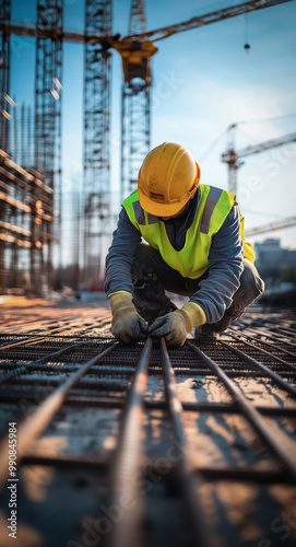 Worker crouched on rebar mesh on a large construction site, focused on securing the steel bars with cranes towering in the distance, horizontal frame.