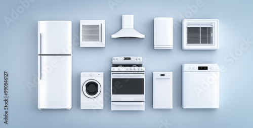 A variety of white and silver household appliances, including a fridge and washing machines, showcased in a simple studio setting.