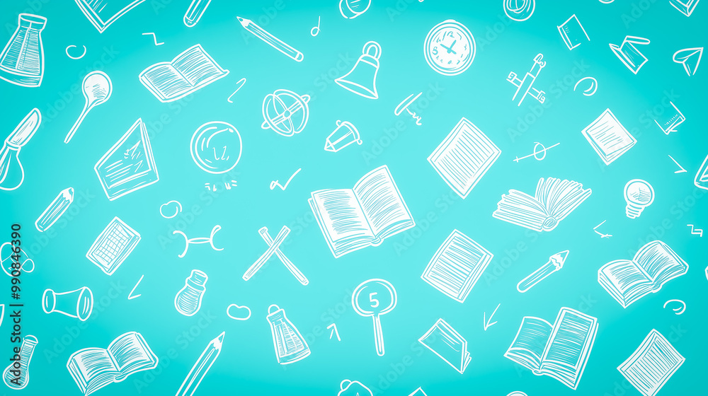 A pattern with white doodles featuring books, pencils, and scientific icons on a teal background, ideal for educational and research-based designs. A pattern with white doodles featuring books, pencils, and scientific icons on a teal background, ideal for educational and research-based designs.