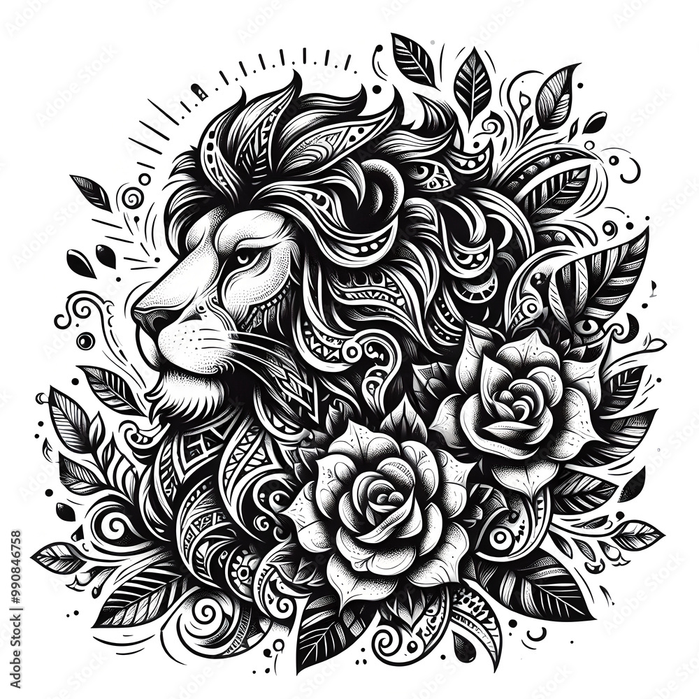 Obraz premium black and white tattoo sketch, lion, lion tattoo