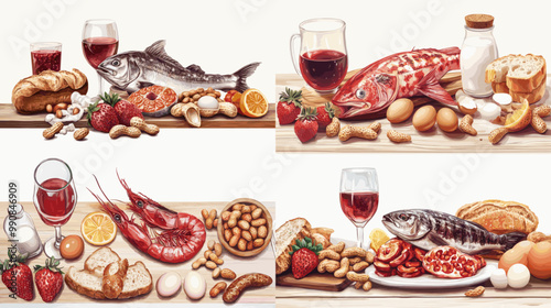 A table with four different pictures of food and drinks. The first picture has a glass of wine and a plate of food